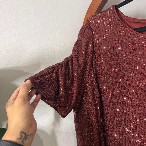 Torrid 2X Brown Sequin Ruched Sleeve Blouse Top - Picture 3 of 12